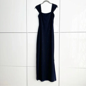 Tahari Formal Gown Navy With Crystals Mesh Size 6 Long Dress Made In USA